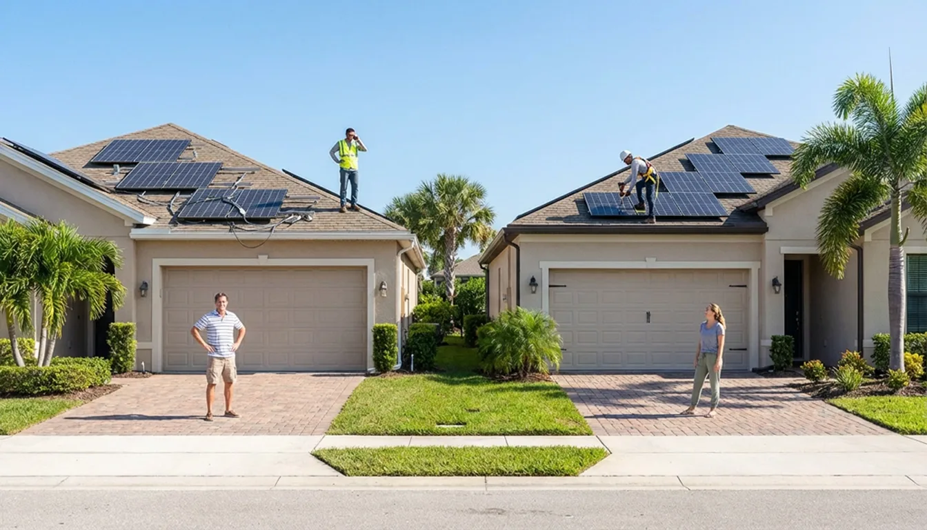 Two suburban houses with solar panels on both roofs; workers install panels while a man stands on the left driveway and a woman watches from the right.