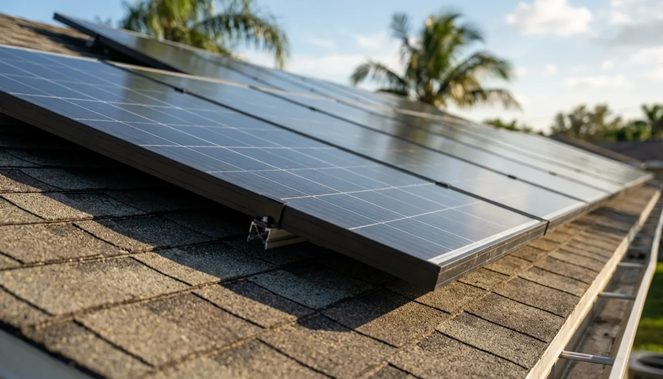 Residential roof with solar panels capturing sunlight for clean energy generation on a bright day