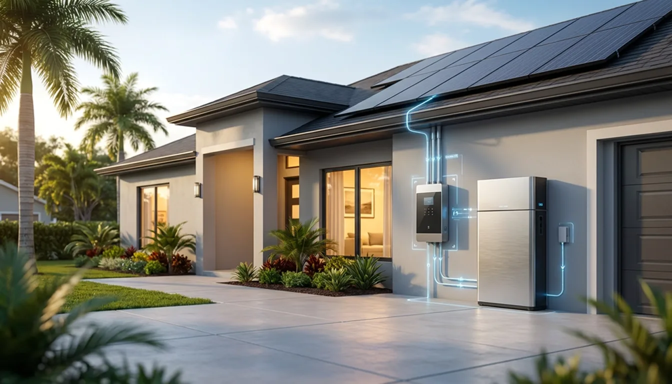 Modern house with solar panels and a sleek smart home panel connected by glowing blue cables on the exterior wall, showing a high-tech energy system.