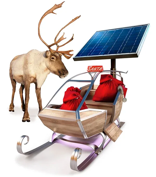 santa sleigh with reindeer and solar panels