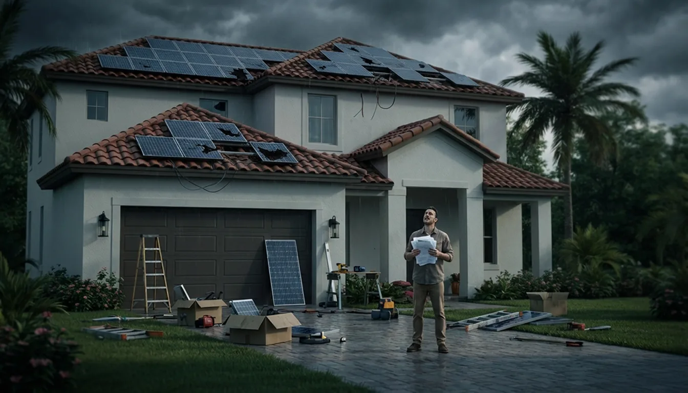 Man holding blueprints in driveway of a two-story house with solar panels on the roof under cloudy skies
