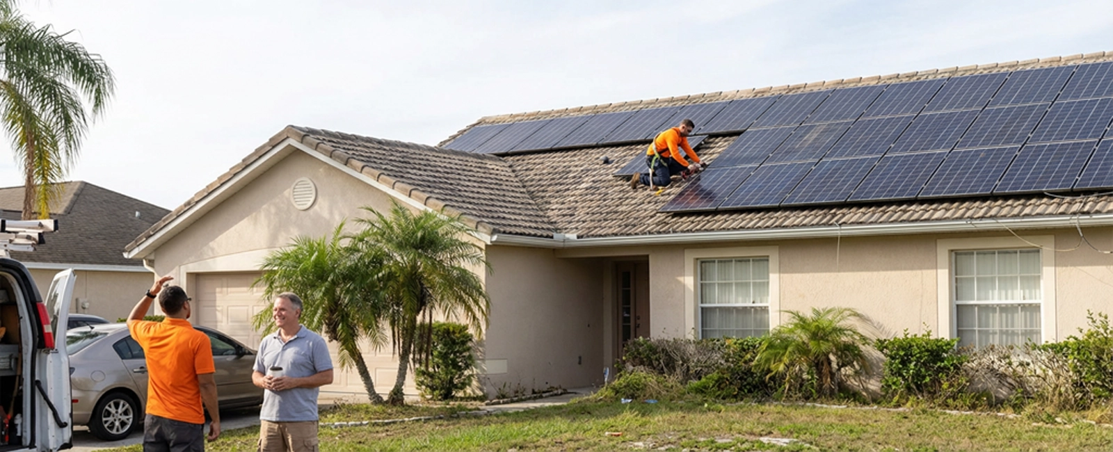 A homeowner and an allsolar energy installer stand in the yard chatting as a rooftop solar panel installation happens on a beige house; a worker is on the roof securing panels with tools nearby.