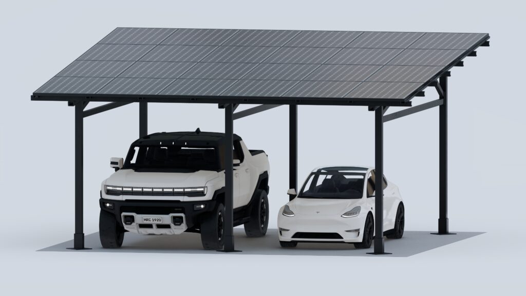 Steel solar carport structure sized for two vehicles.